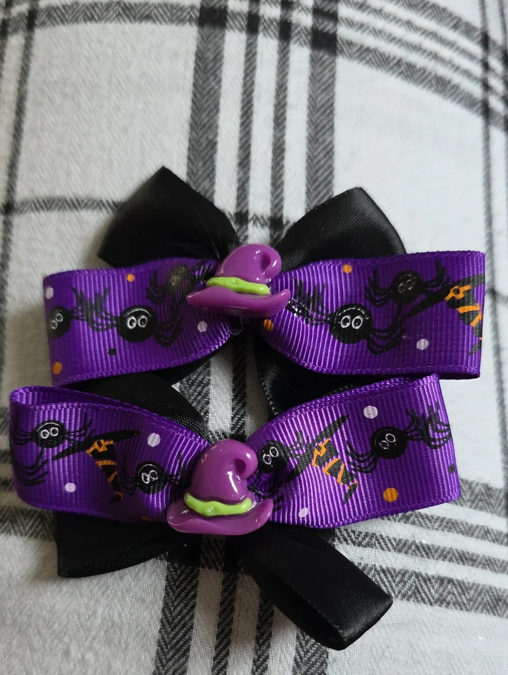 Purple Halloween Spider Ribbon Hair Bows with Witch Hat Charm